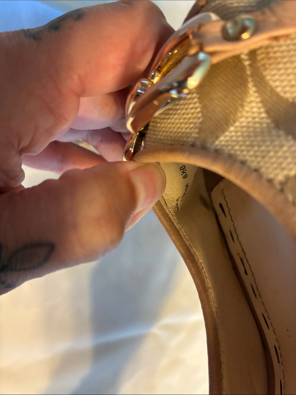Coach Beige Canvas Signature Slingback Peep-Toe Heels with Gold-Tone Accent - Picture 3 of 3